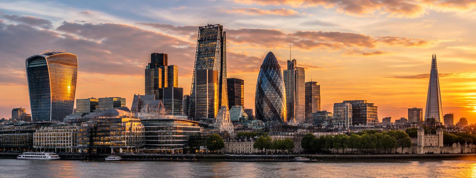 City of London financial district skyline at golden hour